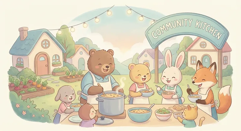 Who Are Cooks learning scene, Who Are Cooks community scene, neighbors helping each other, gentle pastel illustration designed for ages 3-4, rounded shapes, caring expressions, text-free illustration with clean unmarked background, balanced composition, soft cinematic lighting, harmonious color palette, inviting and joyful mood