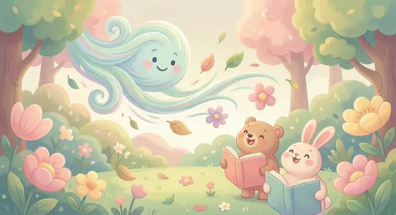 Whoosh the Magic Wind learning scene, Whoosh the Magic Wind scene in vibrant nature, lush and lively surroundings, gentle pastel illustration designed for ages 3-4, rounded shapes, caring expressions, text-free illustration with clean unmarked background, balanced composition, soft cinematic lighting, harmonious color palette, inviting and joyful mood