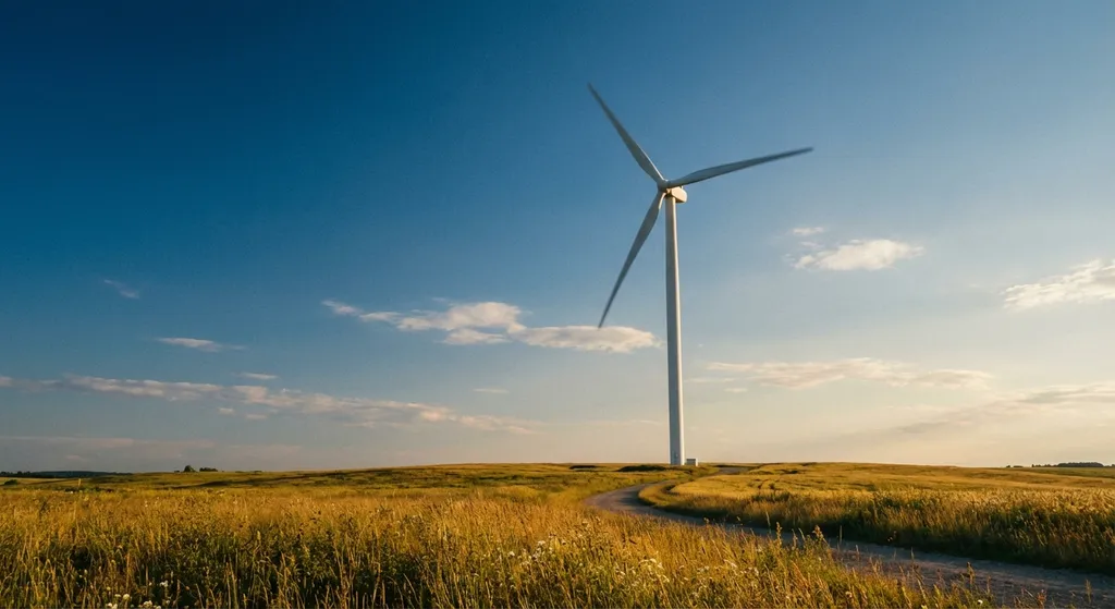 Wind turbine spinning in a field with blue sky