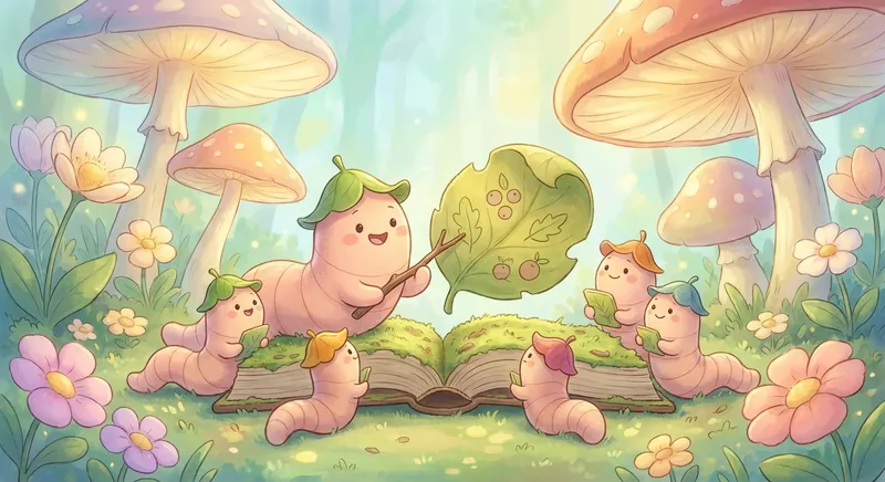 Worms learning scene, Worms scene in vibrant nature, lush and lively surroundings, gentle pastel illustration designed for ages 3-4, rounded shapes, caring expressions, text-free illustration with clean unmarked background, balanced composition, soft cinematic lighting, harmonious color palette, inviting and joyful mood