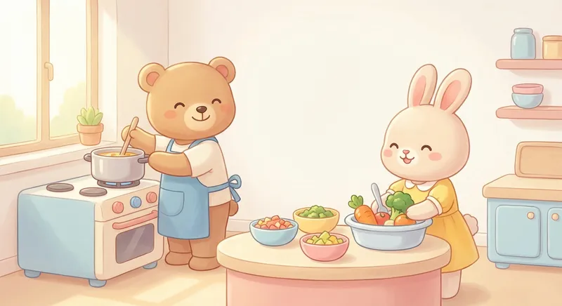 Yummy Dinner Foods learning scene, Yummy Dinner Foods kitchen scene, delicious ingredients being prepared, gentle pastel illustration designed for ages 3-4, rounded shapes, caring expressions, text-free illustration with clean unmarked background, balanced composition, soft cinematic lighting, harmonious color palette, inviting and joyful mood