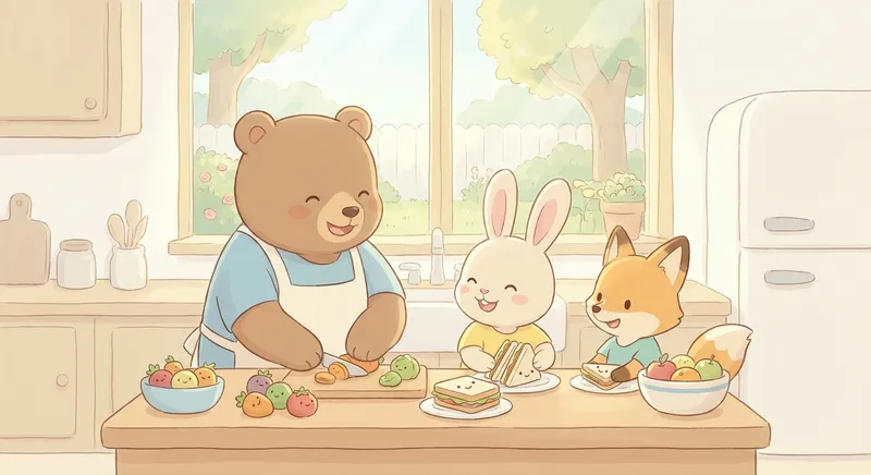 Yummy Lunch Foods learning scene, Yummy Lunch Foods kitchen scene, delicious ingredients being prepared, gentle pastel illustration designed for ages 3-4, rounded shapes, caring expressions, text-free illustration with clean unmarked background, balanced composition, soft cinematic lighting, harmonious color palette, inviting and joyful mood
