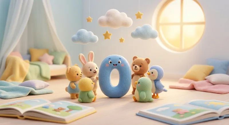 Zero the Magic Number learning scene, Zero the Magic Number learning scene filled with curiosity and joy, gentle pastel illustration designed for ages 3-4, rounded shapes, caring expressions, text-free illustration with clean unmarked background, balanced composition, soft cinematic lighting, harmonious color palette, inviting and joyful mood