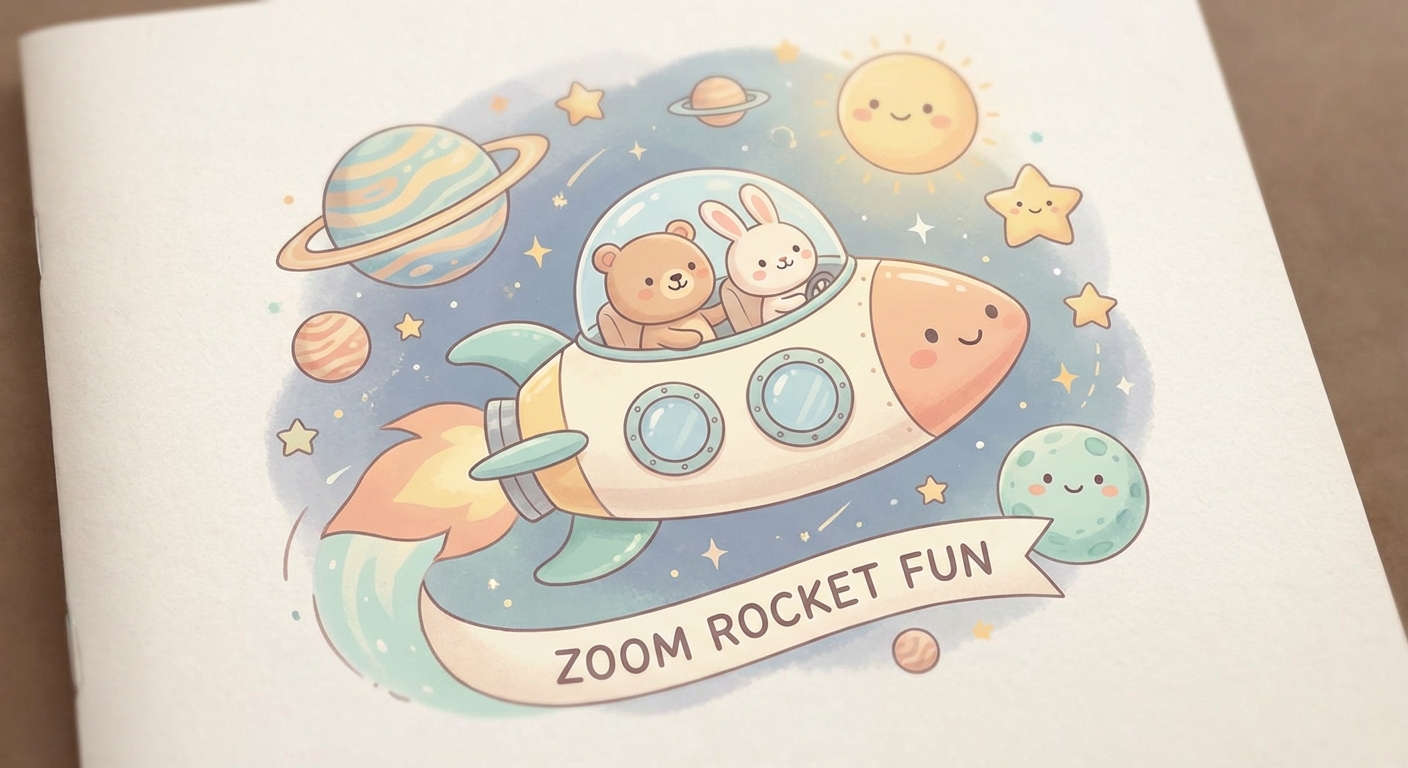Zoom Rocket Fun learning scene, Zoom Rocket Fun space adventure, stars and planets inspiring wonder, gentle pastel illustration designed for ages 3-4, rounded shapes, caring expressions, text-free illustration with clean unmarked background, balanced composition, soft cinematic lighting, harmonious color palette, inviting and joyful mood
