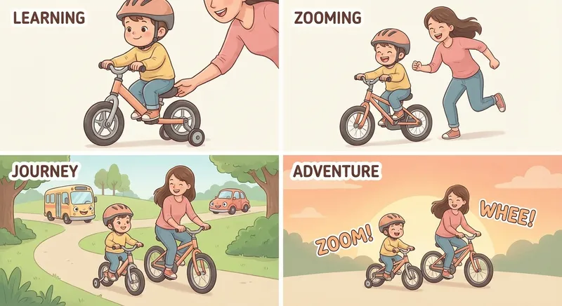 Zooming on a Bicycle learning scene, Zooming on a Bicycle journey, cheerful vehicles moving smoothly, gentle pastel illustration designed for ages 3-4, rounded shapes, caring expressions, text-free illustration with clean unmarked background, balanced composition, soft cinematic lighting, harmonious color palette, inviting and joyful mood