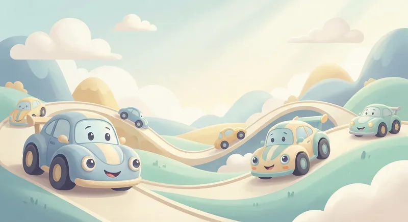Zooming Race Cars learning scene, Zooming Race Cars journey, cheerful vehicles moving smoothly, gentle pastel illustration designed for ages 3-4, rounded shapes, caring expressions, text-free illustration with clean unmarked background, balanced composition, soft cinematic lighting, harmonious color palette, inviting and joyful mood