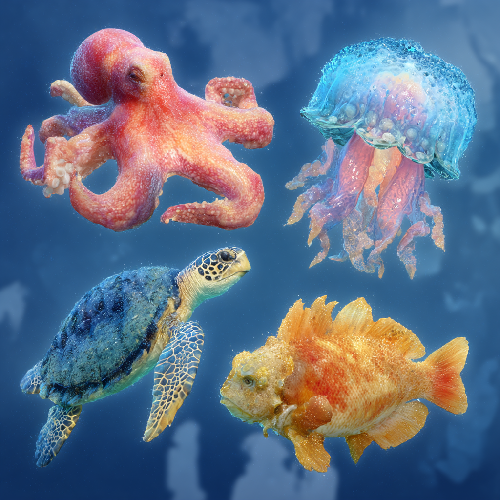 Deep sea creatures including octopus and marine life from National Geographic Kids educational content